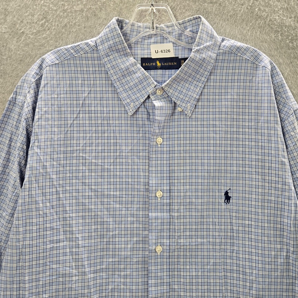Polo Ralph Lauren Men Button Up Shirt 18 Blue Gingham Plaid Logo Embroidered
